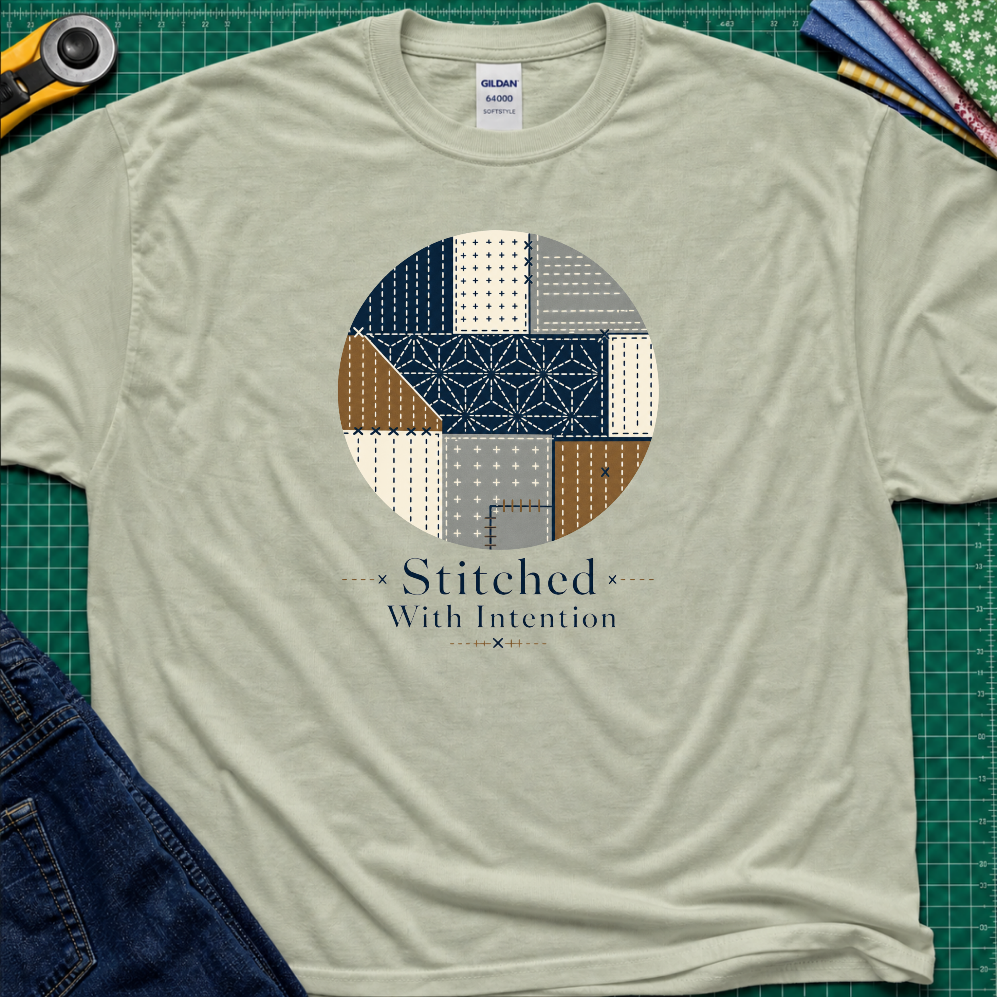 A light sage green Gildan t-shirt featuring a circular sashiko graphic in navy, beige, gray, and brown with the text 'Stitched With Intention' printed below. The shirt lays flat on a green cutting mat with a rotary cutter, fabric stack and blue jeans partially visible in the corners.