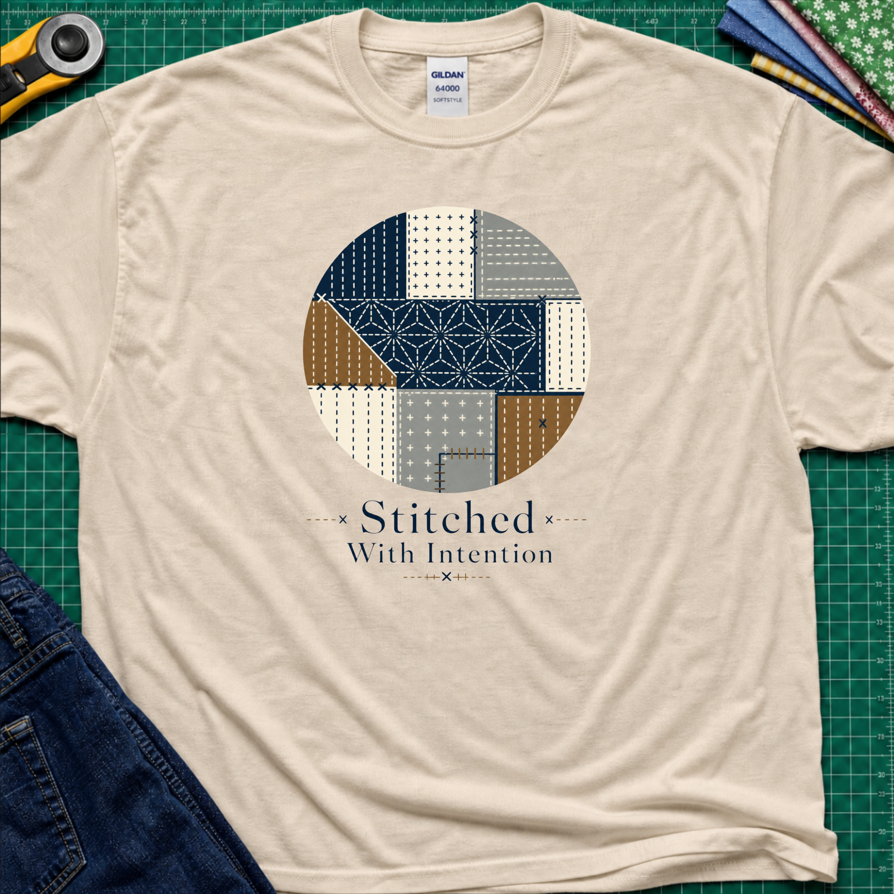 A dark cream Gildan t-shirt featuring a circular sashiko graphic in navy, beige, gray, and brown with the text 'Stitched With Intention' printed below. The shirt lays flat on a green cutting mat with a rotary cutter, fabric stack and blue jeans partially visible in the corners.