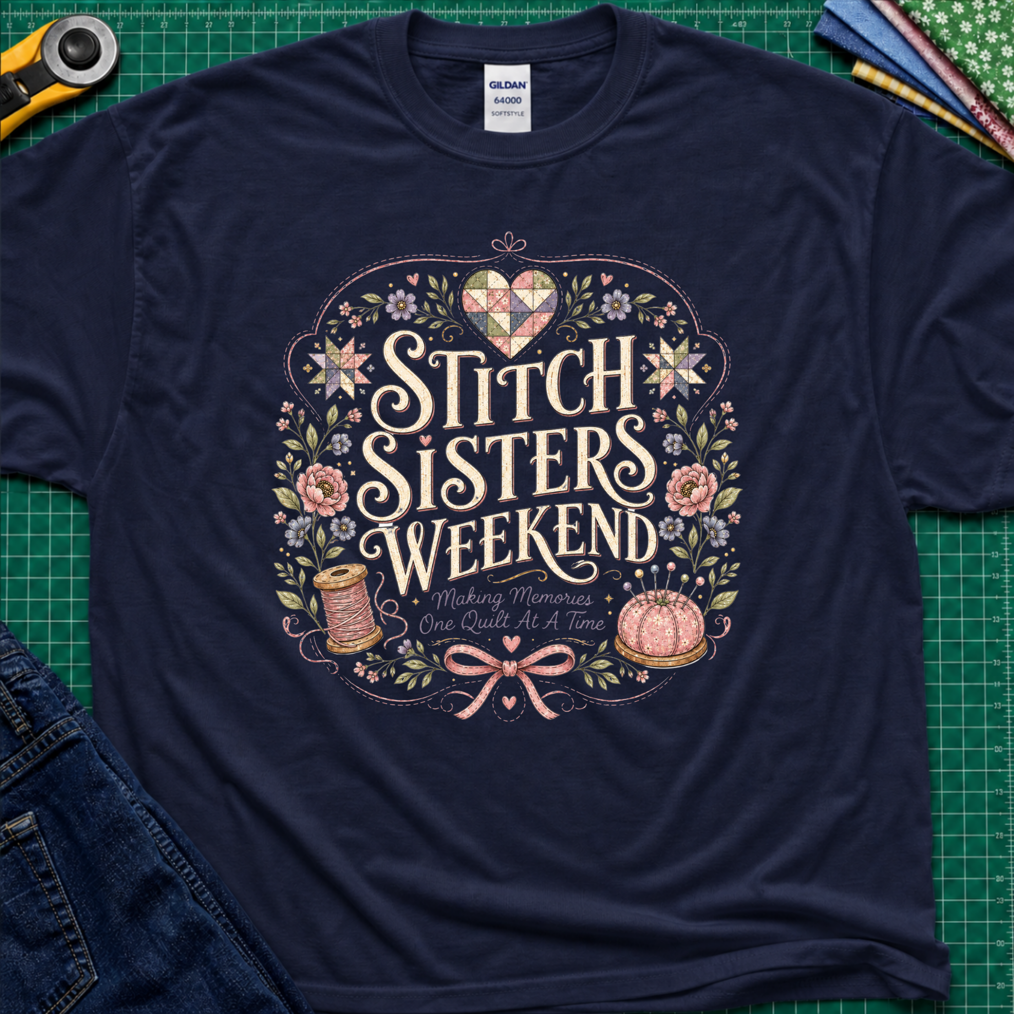 A navy blue Gildan t-shirt featuring a colorful graphic that reads 'Stitch Sisters Weekend' surrounded by flowers, a spool of thread, pincushio and patchwork heart and stars. The shirt lays flat on a green cutting mat with rotary cutter, fabric stack and blue jeans partially visible in the corners.